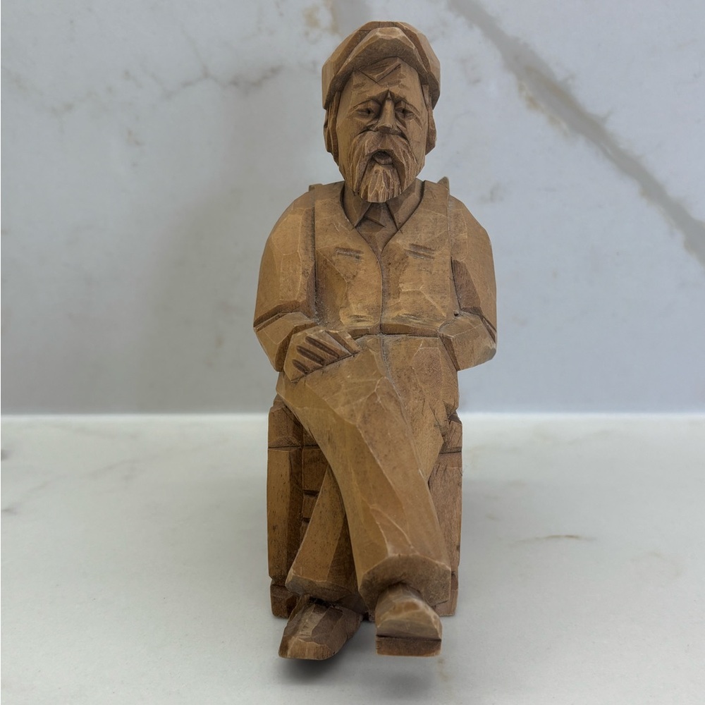 Vintage Hand Carved Wooden Folk Art Seated Sailor Man Primitive Sculpture